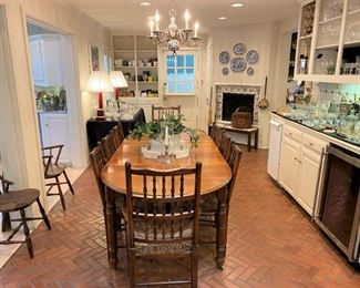 Antique Dropleaf table with 3 leaves; 6 vintage ladderback rush-seat chairs