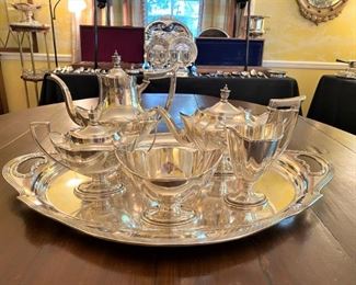 Sterling Silver Tea & Coffee service with sterling tray. Inscribed on bottom “Emma Schoelkopf Norsworthy”…Dallas founding families. The owner of this set died in 1961 and is buried in Greenwood Cemetery in “Uptown”, Dallas