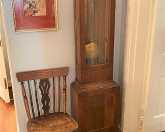 Craftsman Grandmother clock; antique chair; Japanese wood block