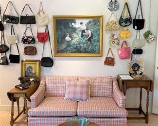 Love this super Mod Love Seat & vintage designer handbags