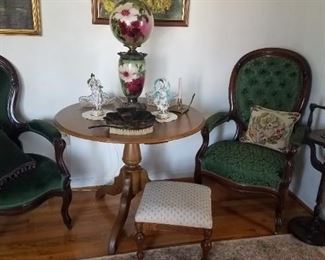Vicrorian chairs, lg round parlor table, all original Gone with the Wind lamp, porcelain figurines
