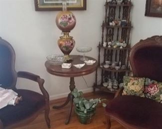 Ladies and Gents Victorian  chairs,  different corner whatnot, GWTW lamp with repainted shade.
, black composition doll.