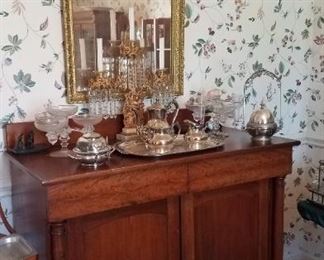 Empire Server, ghirondole,  gold frame mirror, silver plate butter dishes, tea set