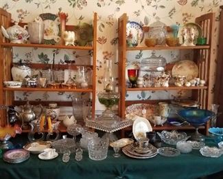 Many smalls..double pickle cadtor, Cracker Jar, peach brides bowl is chipped, blue brides bowl, American Fostoria including cake stand, Peanut lamp, RS Prussia toothpick and others, much more