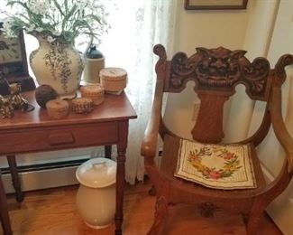 Carved North Wind chair,  another Southwest Virginia 1 drawer stand