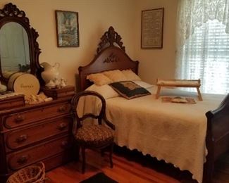 Victorian walnut bed,  dresser, balloon back chair