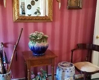 One of several SW Virginia stands, beautiful majolica jardineer, garden seat, another corner chair, gold frame mirror.....