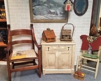 Oak chair w/lions heads, washstand, birdhouses, oil painting.
