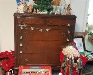 1940's chest, ceramic Christmas Tree, other decorations
