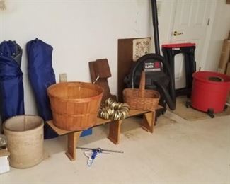 Crock,  basket, shop vac, sawhorses, folding chairs