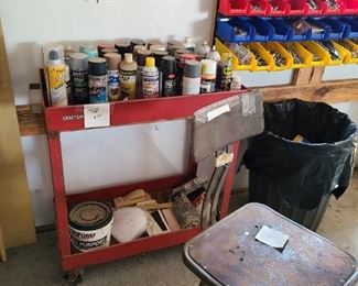 Rolling cart, spray paint selection, very old stool