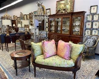 Set of six Theodore Alexander dining chairs 
Chippendale style breakfront
Federal Style Bird Cage Pedestal Round Dining Table. 
Caned back salon settee with silk cushion Pair of Marge Carson easy chairs
Antique tilt top table