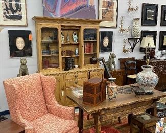 Pine cabinet, Asian rustic desk, Pair of Chinese framed face masks, abstract art, pair of African bronze jaguars. 