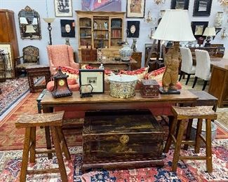 Pair of rustic asian style stools, Chinese lacquered trunk, wood carved Asian warrior lamp