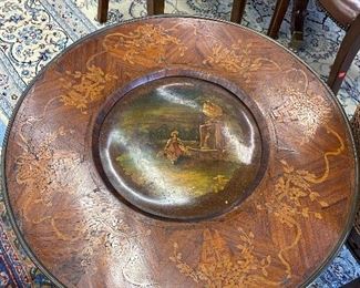 Antique Italian inlaid and painted round occasional table.