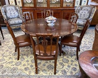 Set of six Theodore Alexander dining chairs,Federal Style Bird Cage Pedestal Round Dining Table, pair of Marge Carson easy chairs 