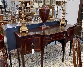 Antique 19th c. mahogany sideboard. Pair of gilt wood candlestick lamps, Antique knife box.