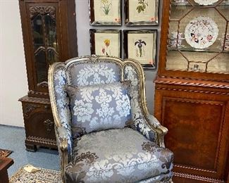 Pair of Marge Carson silver leaved easy chairs