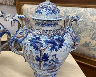Pair of Delft urns with dragon handles
