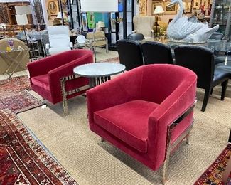 Pair of Mitchell Gold + Bob Williams chrome and velvet club chairs.