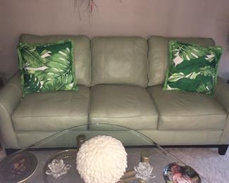 Broyhill celedon green leather sofa
