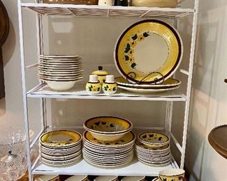 Large set of Vernonware Brown eyed Susan dishes and serving pieces.  Pyrex and Dansk Cast iron enamelware.