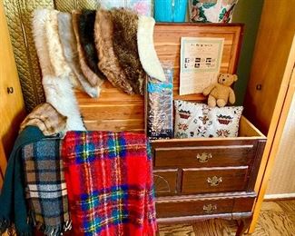 Vintage Queen Anne style cedar Chest and wool and mohair blankets.
