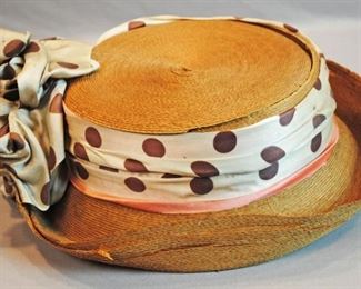 	LARGE 1915 GOLDEN STRAW WOVEN HAT WITH RIBBON BOW