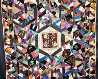 ANTIQUE CRAZY QUILT DATED 1888, HAND MADE