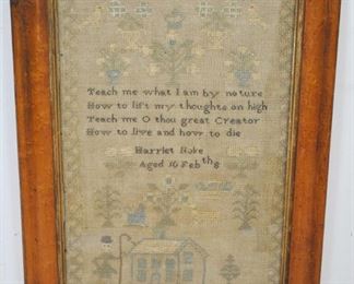 ANTIQUE FOLK ART SCHOOL GIRL EMBROIDERED SAMPLER 1800s