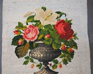 BEADED NEEDLEPOINT PILLOW COVER “ROSES AND LILY IN URN”