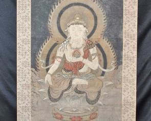CHINESE WALL HANGING SCROLL PAINTING WATERCOLOR, 9TH C.