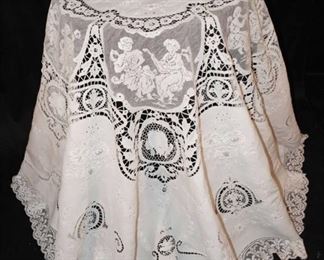 ITALIAN FIGURAL TABLE CLOTH, APPENZEL AND MILANESE LACE