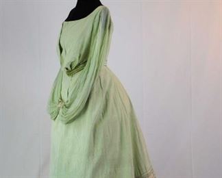 TRAINED CELADON EVENING DRESS, 3 PIECE, LATE 1880s