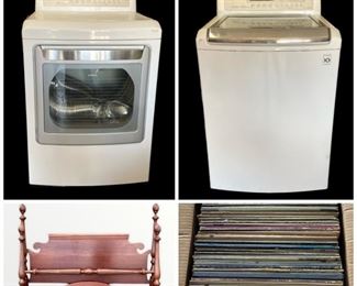 Jet Woodworking Bandsaw, Grizzly 15In Planer,  Awesome Shop Table, LG Electric Washer & Dryer, Antique Jacquard Coverlet 1839, Antique Sir Walter Scott Books, Railroad Lantern, Wood River Wood Turning Tools, Vintage Needlepoint Chairs, Vintage Quilts, Wedgwood Jasperware, Etc.
