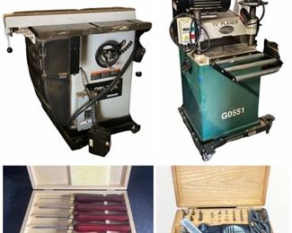 Jet Woodworking Bandsaw, Grizzly 15In Planer,  Awesome Shop Table, LG Electric Washer & Dryer, Antique Jacquard Coverlet 1839, Antique Sir Walter Scott Books, Railroad Lantern, Wood River Wood Turning Tools, Vintage Needlepoint Chairs, Vintage Quilts, Wedgwood Jasperware, Etc.
