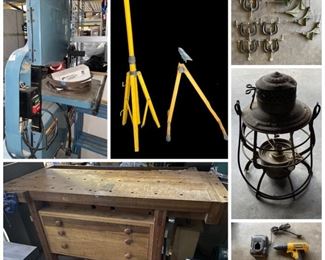 Jet Woodworking Bandsaw, Grizzly 15In Planer,  Awesome Shop Table, LG Electric Washer & Dryer, Antique Jacquard Coverlet 1839, Antique Sir Walter Scott Books, Railroad Lantern, Wood River Wood Turning Tools, Vintage Needlepoint Chairs, Vintage Quilts, Wedgwood Jasperware, Etc.

