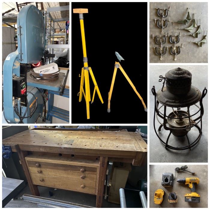 Jet Woodworking Bandsaw, Grizzly 15In Planer,  Awesome Shop Table, LG Electric Washer & Dryer, Antique Jacquard Coverlet 1839, Antique Sir Walter Scott Books, Railroad Lantern, Wood River Wood Turning Tools, Vintage Needlepoint Chairs, Vintage Quilts, Wedgwood Jasperware, Etc.
