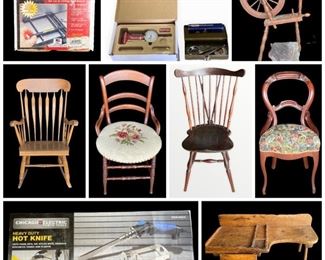 Jet Woodworking Bandsaw, Grizzly 15In Planer,  Awesome Shop Table, LG Electric Washer & Dryer, Antique Jacquard Coverlet 1839, Antique Sir Walter Scott Books, Railroad Lantern, Wood River Wood Turning Tools, Vintage Needlepoint Chairs, Vintage Quilts, Wedgwood Jasperware, Etc.
