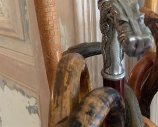 Vintage Canes with silver, carved wood, Swiss, German antique as well as antique parasols