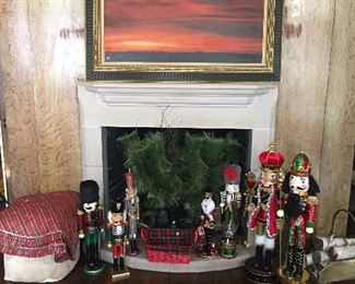 Christmas nutcracker, ornaments, garlands, lights, mid century landscape sunset painting 