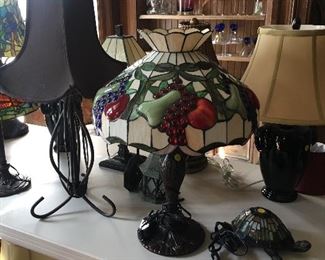 Various Tiffany stained glass style lamps, Bombay and Co