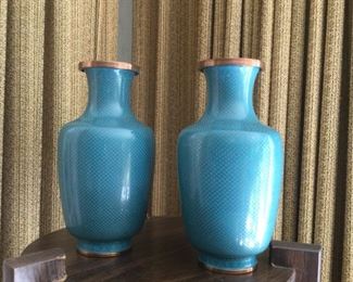 Pair Blue/Green Cloissone Vases - marked "China"