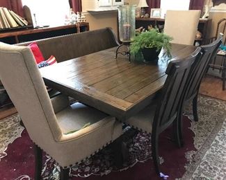 Farmhouse Table with Bench, Two Upholstered Gray Chairs and Two Wood Chairs & Burgundy/Gray  Rug 