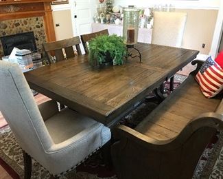 Farmhouse Table with Bench, Two Upholstered Gray Chairs and Two Wood Chairs