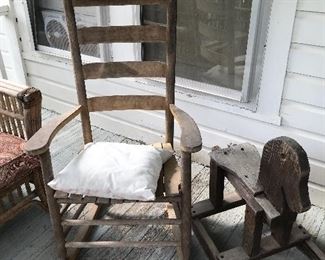 Porch rocking chair and wood rocking horse 