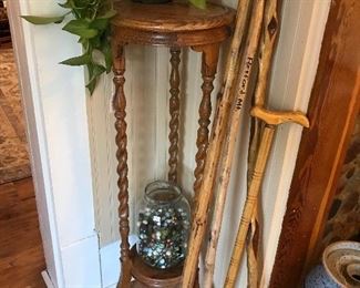 Oak plant stand, walking sticks, marbles