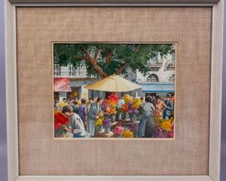 Henry M Gasser Gouache Painting Paris Flower Stand