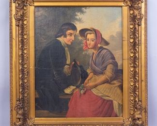 19c Oil on Board Painting Courting Couple