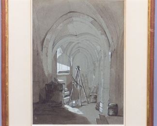 Old Master Style Framed Drawing Vaulted Interior Hall
